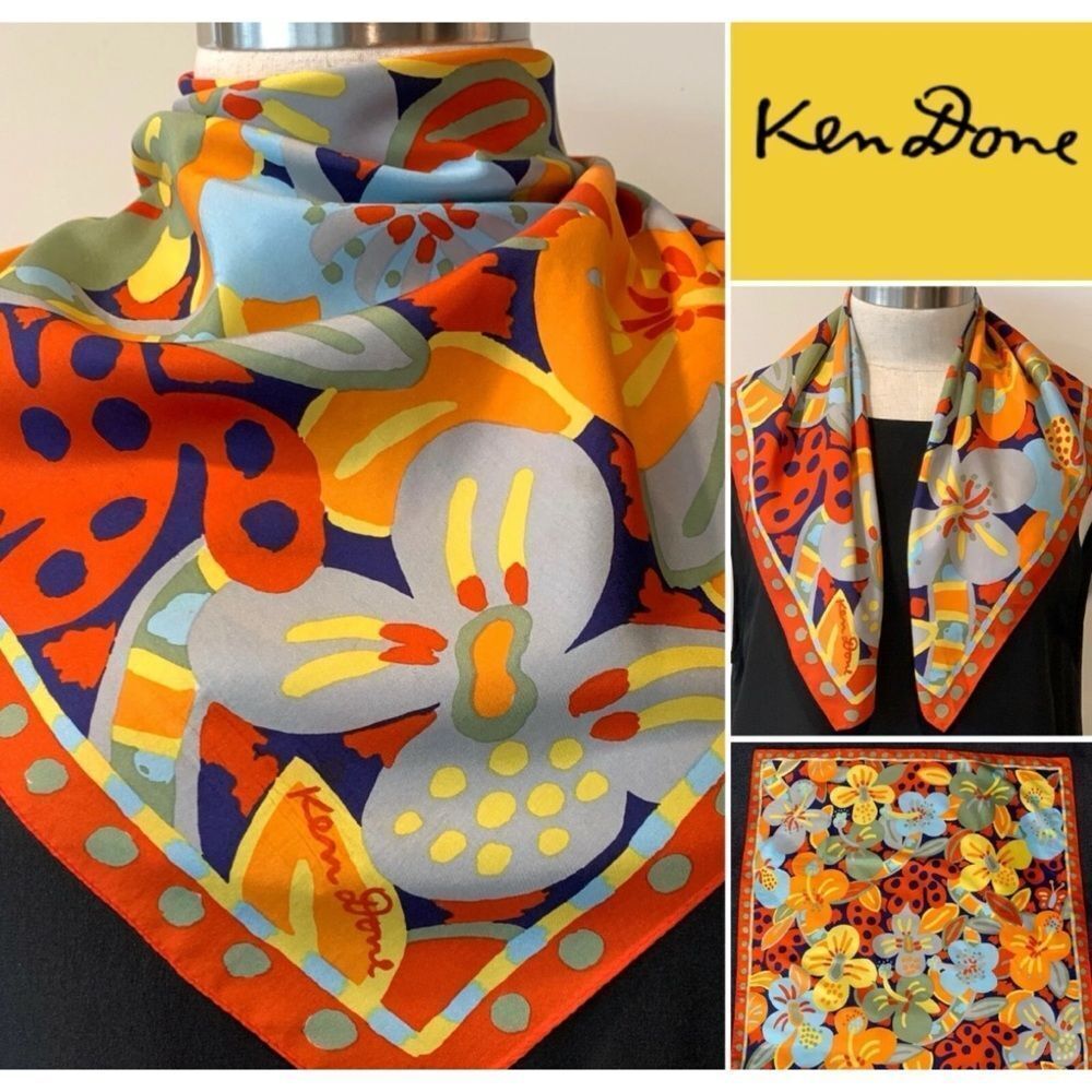 KEN DONE Vintage Orange,Red Tropical Flowers Scarf ~ Collectors Item 24”x24”